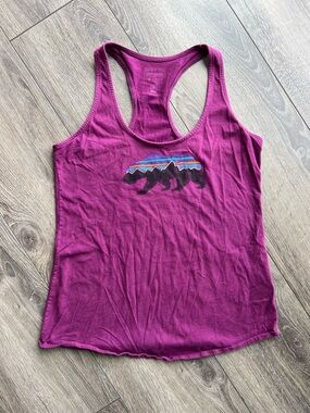 Patagonia Racerback Tank with Bear Graphic Purple Womens Small Organic Cotton